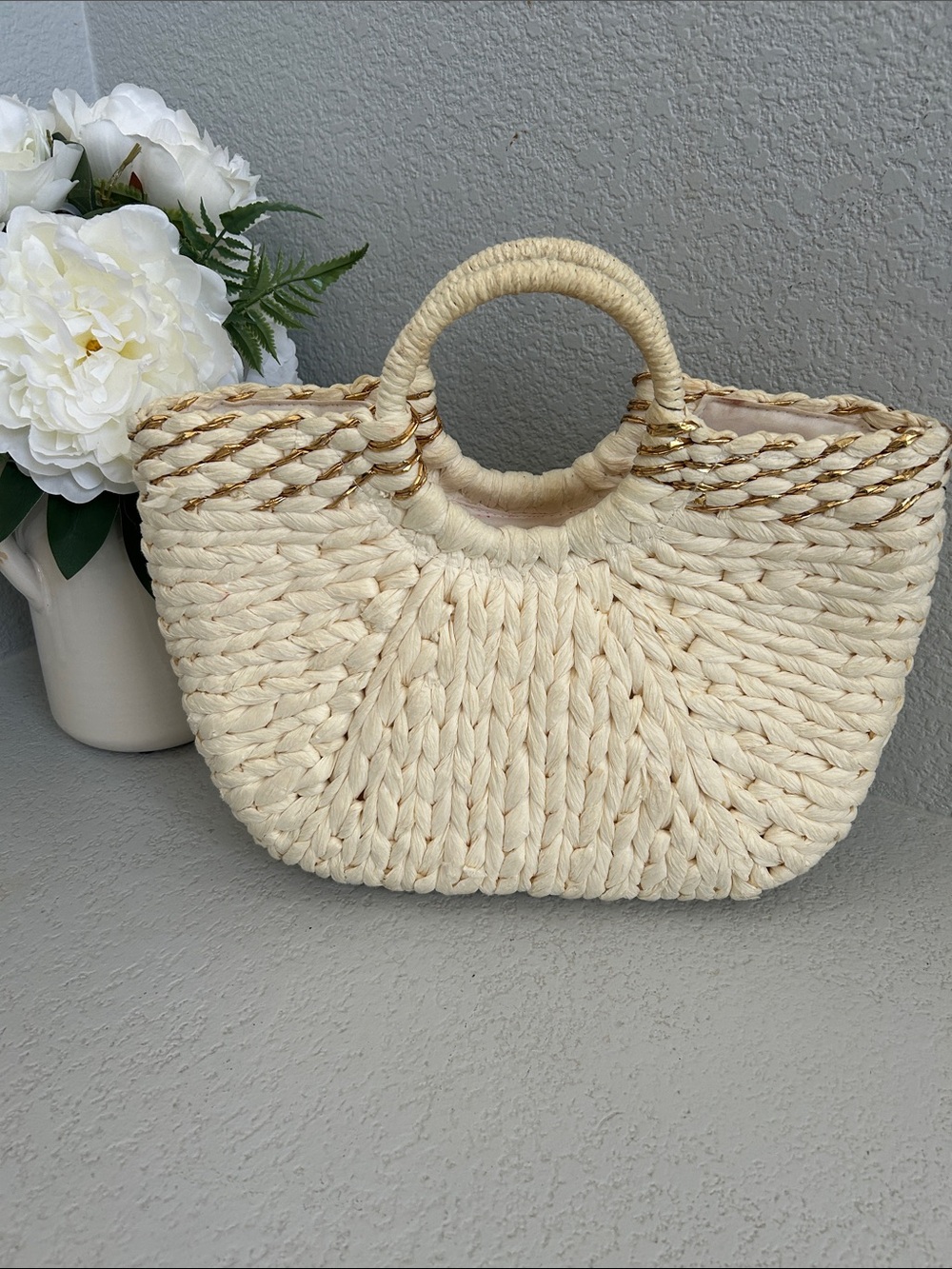 Target Cream Woven Straw Tote with Round Handles